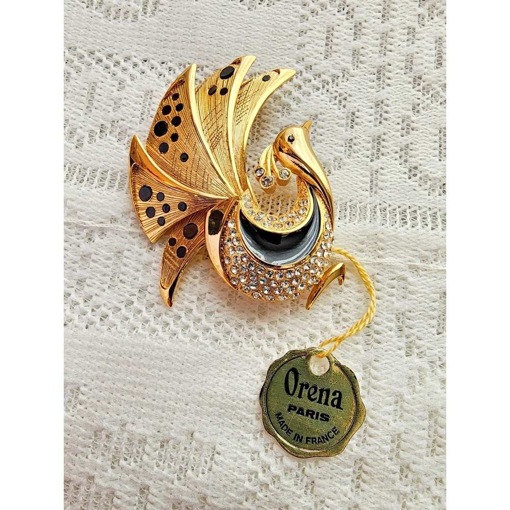 Vintage Orena Peacock‎ Brooch Pin Paris Art Nouveau Rhinestone Gold Tone Novelty